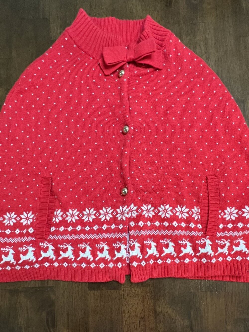 Janie & Jack Girls Red Cotton Reindeer Holiday Knit Poncho Cape Sweater Size 7